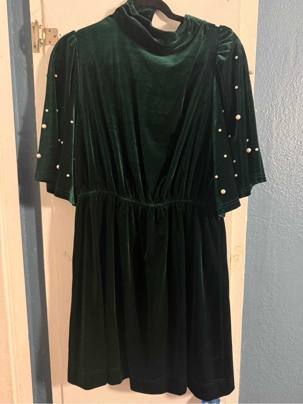 Pearl-Embellished Dark Green Velvet Midi Dress
